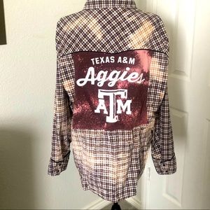 Aggies t-shirt patch on bleached flannel